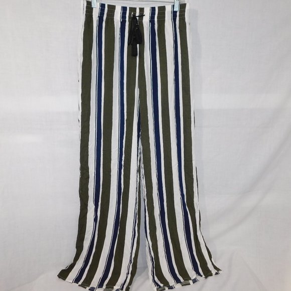 Revamped Womens XL High Waisted Flowy Wide Leg Green Blue White Striped Pants - Picture 1 of 12